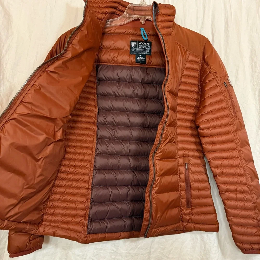 KUHL Spyfire Goose down Jacket cinnamon rust dark orange small puffer NWOT zip - Picture 10 of 15